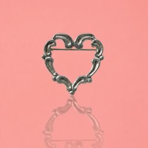 Vintage Silver Tone Open Scroll Heart Brooch Pin Elegant Filigree Design